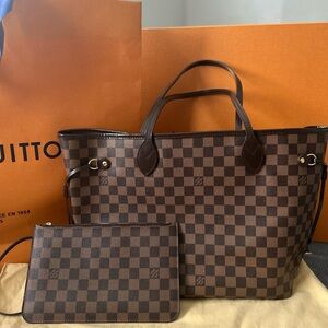 Louis Vuitton Brown Checkered Tote and Pouch Set